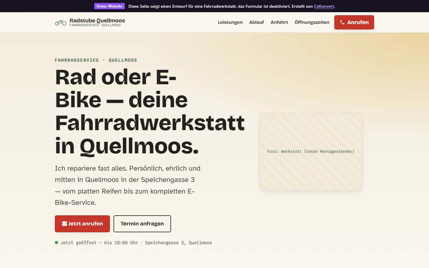 Startseite der Demo-Website Radstube Quellmoos
